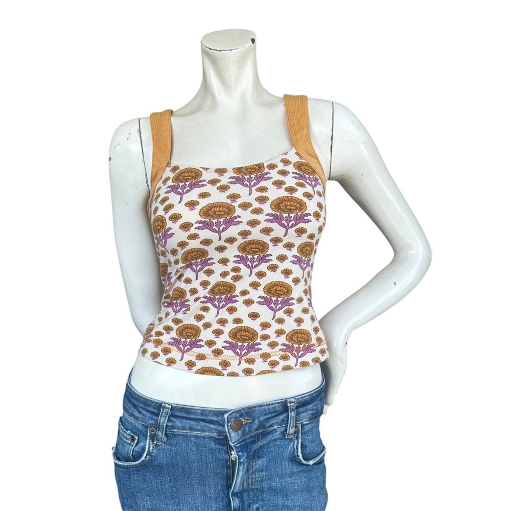 Anthropologie Maeve Trapunto Boho Floral Print Cropped Tank Top in Gold Size XXS